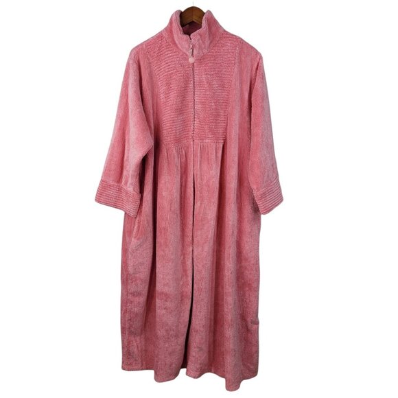 Vintage Chenille Robe House Coat Plus 1X Pockets Warm Winter Pink 1/2 Zip Long - Picture 2 of 7